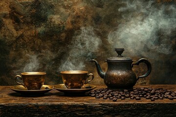 Steaming Coffee Cups, Kettle, and Coffee Beans on Rustic Wood