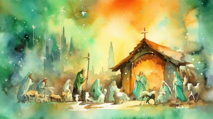 Watercolor of the nativity in green tones
