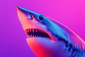 Shark portrait with vibrant lighting against a colorful background.