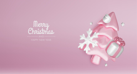 Christmas winter festive composition. Colorful Xmas background realistic 3d decorative design objects, christmas tree, gift boxes, xmas ball, gold confetti. Happy New Year. Vector illustration