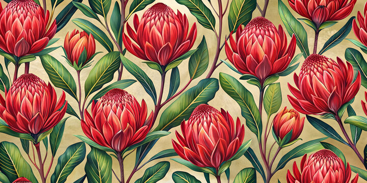 Seamless protea flowers pattern in vibrant red tones, hand-drawn , Protea, flowers, pattern, seamless, vibrant, red, tones