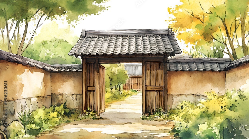 Canvas Prints Watercolor Illustration of a Traditional Japanese Gate and Garden.