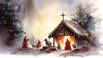 Naklejka premium Watercolor of the nativity in dark maroon tones