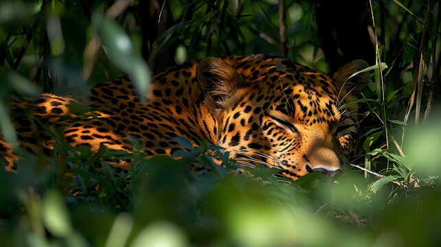 A relaxed leopard resting peacefully in lush green foliage.