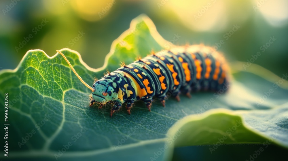 Poster a caterpillar crawling on a sunlit leaf, the focus on the intricate patterns and vibrant colors of b