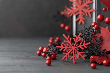 Vibrant red and black snowflakes adorn a rustic tabletop, perfect for festive holiday decorations and seasonal celebrations.