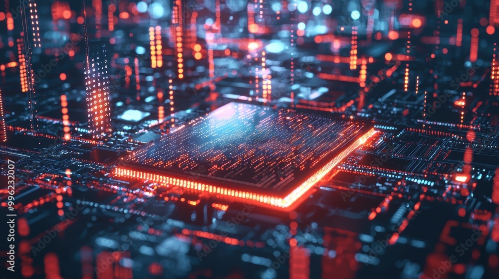 Poster floating computer chip in holographic environment
