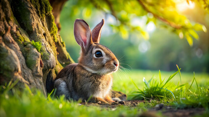 Fototapeta premium Adorable rabbit resting under a tree, rabbit, resting, cute, animal, nature, wildlife, outdoors, relaxation, peaceful, fur