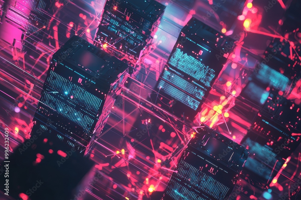 Poster futuristic floating storage device array in digital environment