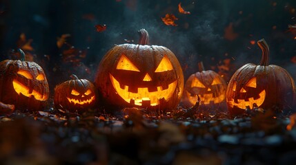 Obraz premium Glowing jack-o'-lanterns illuminate a spooky Halloween night.