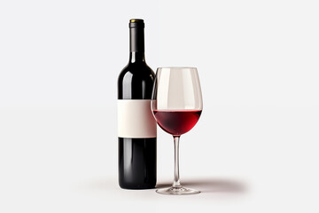 Wine bottle with glass on white background. Wine related themes. Wine professions. Onologist. Wine shop. Buying and selling wine. Images for graphic designers. Isolated wine. Image for website.