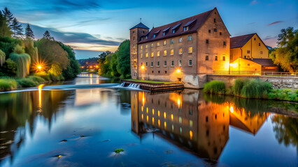Fototapeta premium River Mulde near Grimma in Saxony with large mill building in background illuminated by evening light , river, Mulde