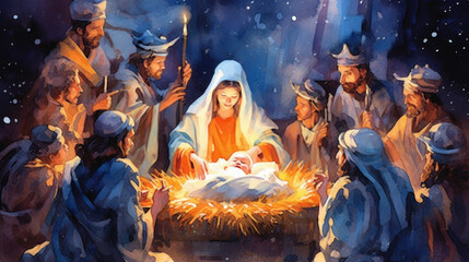 Fototapeta premium Watercolor of the nativity in colorful tones