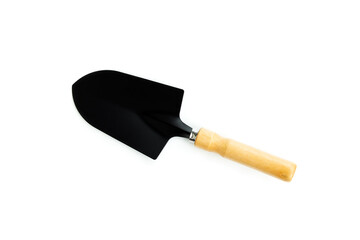 Gardening steel shovel with wooden handle isolated on white background, Garden tools