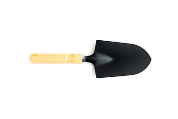 Gardening steel shovel with wooden handle isolated on white background, Garden tools
