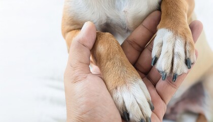 Dog's paw resting in a hand, soft focus, white background.