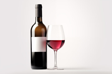 Wine bottle with glass on white background. Wine related themes. Wine professions. Onologist. Wine shop. Buying and selling wine. Images for graphic designers. Isolated wine. Image for website.