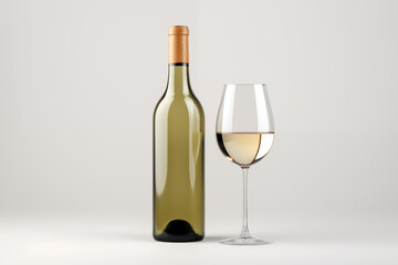 Wine bottle with glass on white background. Wine related themes. Wine professions. Onologist. Wine shop. Buying and selling wine. Images for graphic designers. Isolated wine. Image for website.