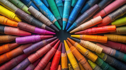 A circle of colorful crayons arranged in a rainbow pattern on a black surface.
