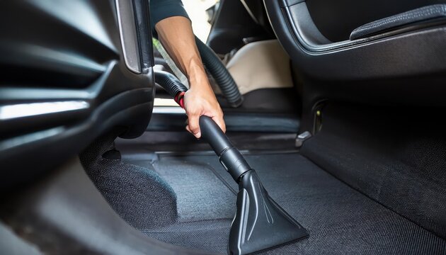 Cleaning car interior with vacuum, focused view