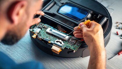 Technician repairing a robotic vacuum cleaner circuit board.