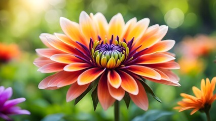 Obraz premium A close-up of a single orange and purple flower with blurred green background.