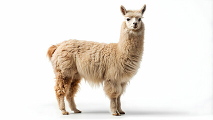 Obraz premium Alpaca pet with fluffy fur, standing isolated on a white background, Alpaca, pet, fluffy, fur, white background, cute, adorable
