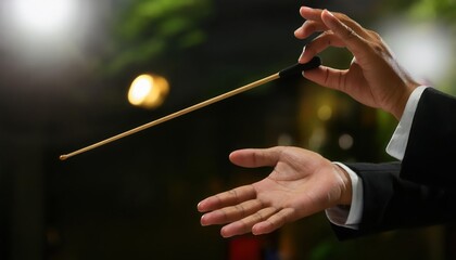 Conductor hand gesture with baton, white isolate background