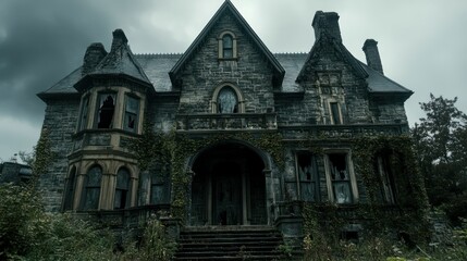 Abandoned Stone Mansion with Overgrown Ivy and Broken Windows