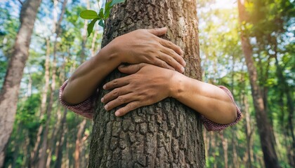 Person hugging tree in forest during sunny day