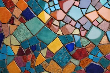 Colorful mosaic texture with small, irregularly shaped tiles in bright, vibrant colors, forming an intricate pattern