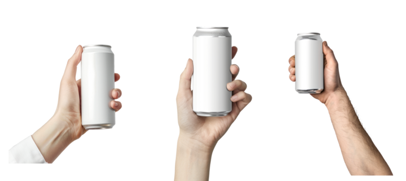 Hand holding can mockup on isolated transparent background