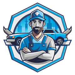 Mechanic in a Cityscape: A confident and skilled mechanic stands proudly in front of a car, his tools crossed behind him. The cityscape behind him signifies expertise and experience.