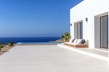 Modern architecture of a white villa overlooking the serene blue ocean under a clear sky at sunset