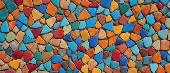 Colorful mosaic texture with small, irregularly shaped tiles in bright, vibrant colors, forming an intricate pattern