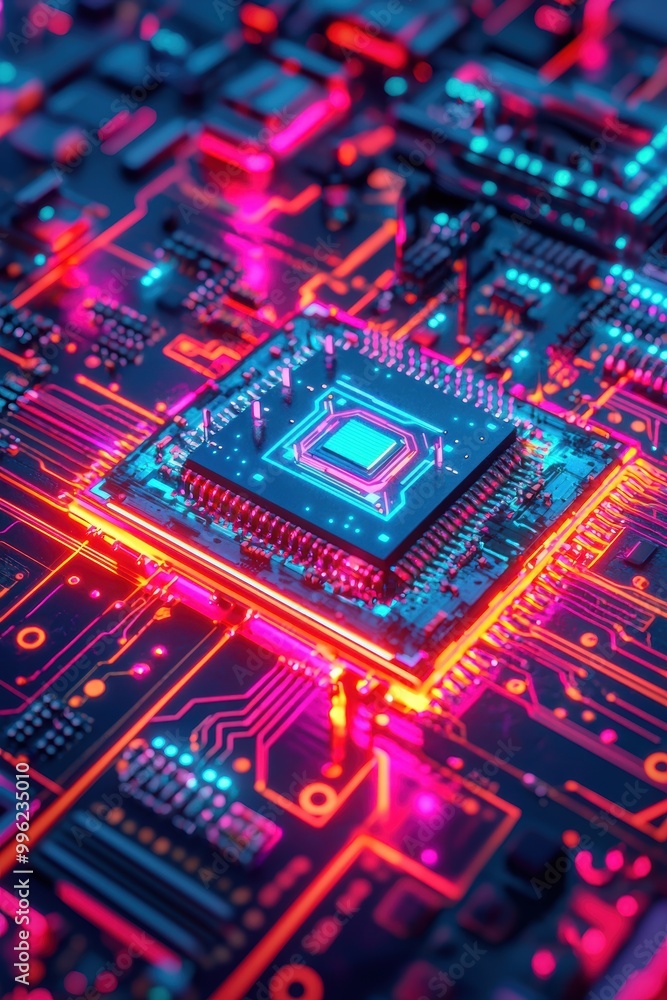 Poster futuristic computer chip with neon circuits