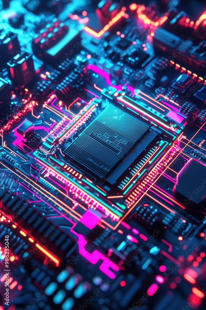 Poster futuristic computer chip with neon circuits design
