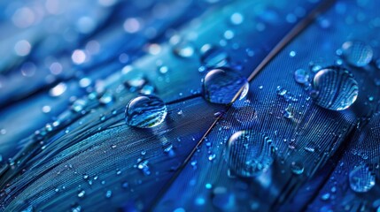 Drops of water on blue feathers. Transparent drops of rainwater on blue feathers