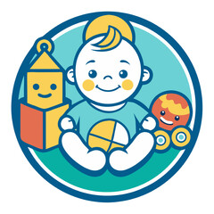 Fototapeta premium Happy Baby with Toys: Adorable illustration of a smiling baby surrounded by colorful toys in a circular frame. Perfect for children's products, websites, and branding. 