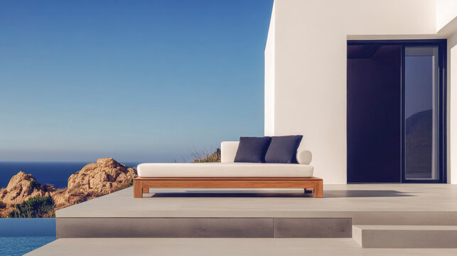 Modern outdoor lounge area with ocean view and minimalistic design in bright sunlight