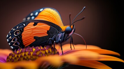 Butterfly on Flower: Vibrant orange and black butterfly delicately perched on a bright orange flower, close-up shot with a blurred background.