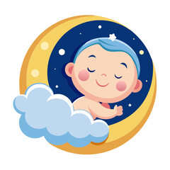 Sweet Dreams on a Crescent Moon: A charming illustration of a baby peacefully sleeping on a cloud within a crescent moon, surrounded by twinkling stars. Perfect for nursery decor, baby products.