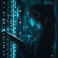 Female technician analyzing data in server room