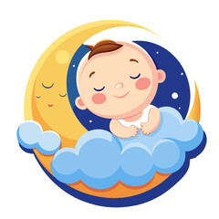 Sweet Dreams Baby:  A  cute baby peacefully sleeping on a soft cloud, nestled in the crescent moon, surrounded by twinkling stars.  The perfect illustration for children's books, nursery decor.