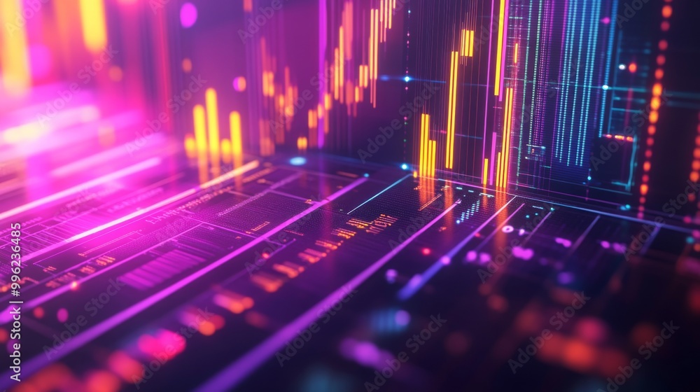 Poster a close-up of a colorful 3d bar graph on a virtual interface, with animated numbers and data points 
