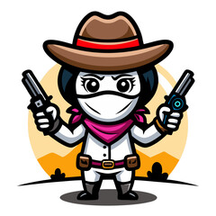 Cowgirl Cartoon:  A fierce female cartoon cowgirl, masked and armed with two pistols, stands defiantly against a desert sunset.  A fun.