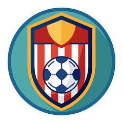 Soccer Shield Emblem: A vibrant and modern soccer shield emblem with a red, white, and blue color scheme, featuring a soccer ball in the center, ideal for team logos, sports merchandise, and branding.