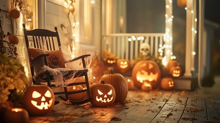 Obraz premium A creepy porch setup with a rocking chair moving on its own, surrounded by carved pumpkins, glowing skulls, and cobweb-covered lanterns.