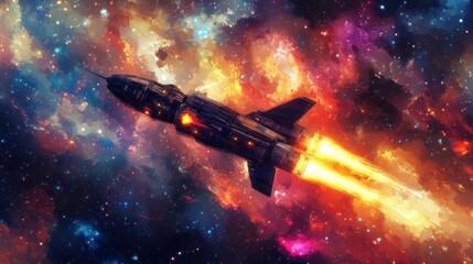 Spaceship With Burning Thrusters Flying Through A Galaxy
