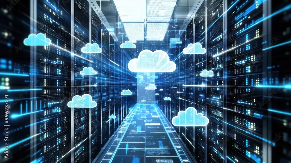 Poster high-tech data center with rows of servers